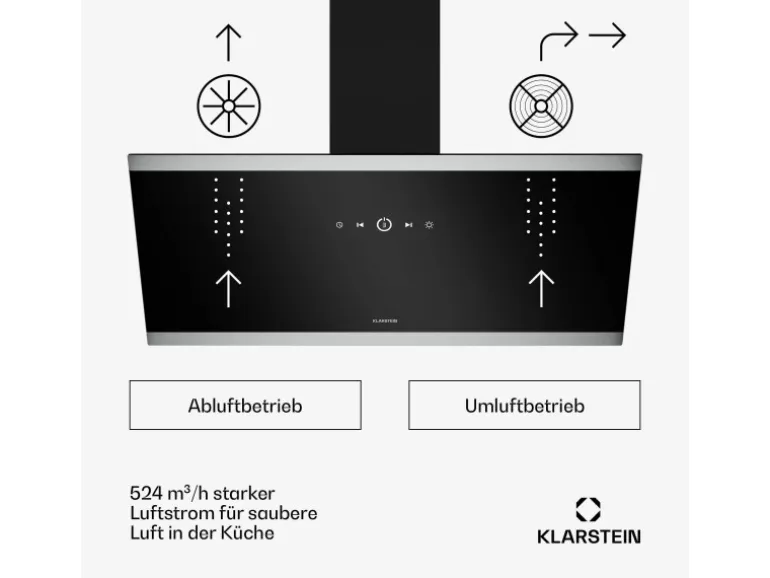 Klarstein FlashLine Dunstabzugshaube 90cm A++ 524m³/h 3 Stufen Touch LED Abluft/Umluft 100W Schwarz
