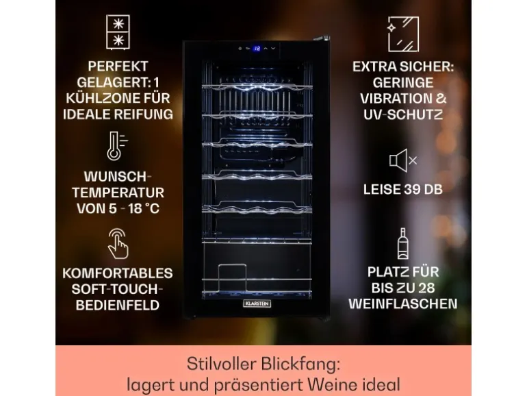 Klarstein Shiraz 28 Uno Weinkühlschrank 74 L 28 Flaschen Touch-Bedienfeld 5-18°C