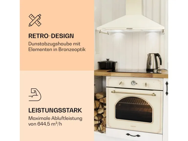 Klarstein Victoria 90 Dunstabzugshaube 90cm Retro-Design 644,5m³/h 2 LED-Lampen Creme
