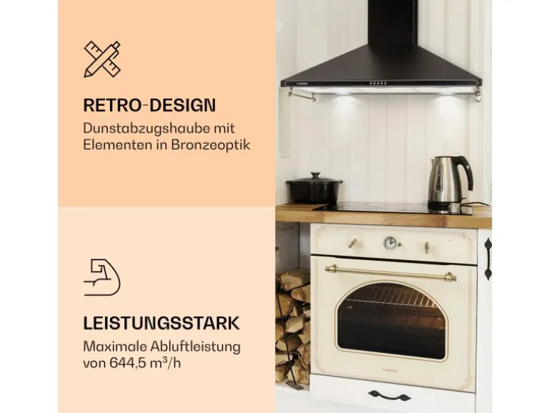 Klarstein Victoria 90 Dunstabzugshaube 90cm Retro-Design 644,5m³/h 2 LED-Lampen Schwarz