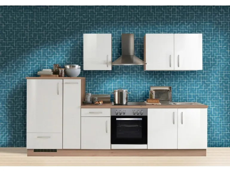 Menke Küchenzeile Artisan Premium 300 cm Lack Weiß Artisan-Eiche Nachbildung
