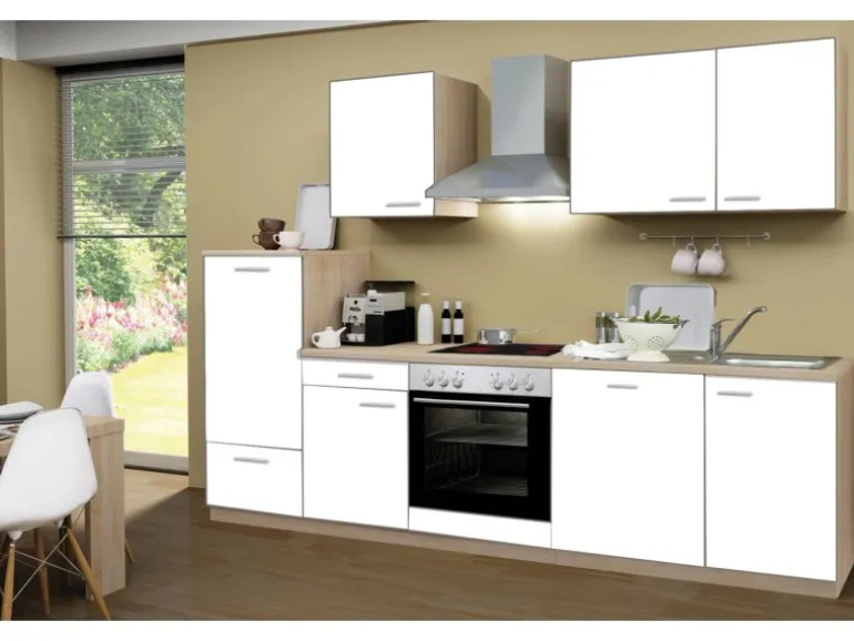 Menke Küchenzeile Classic 280 cm Weiß Melamin-Sonoma Eiche Nachbildung