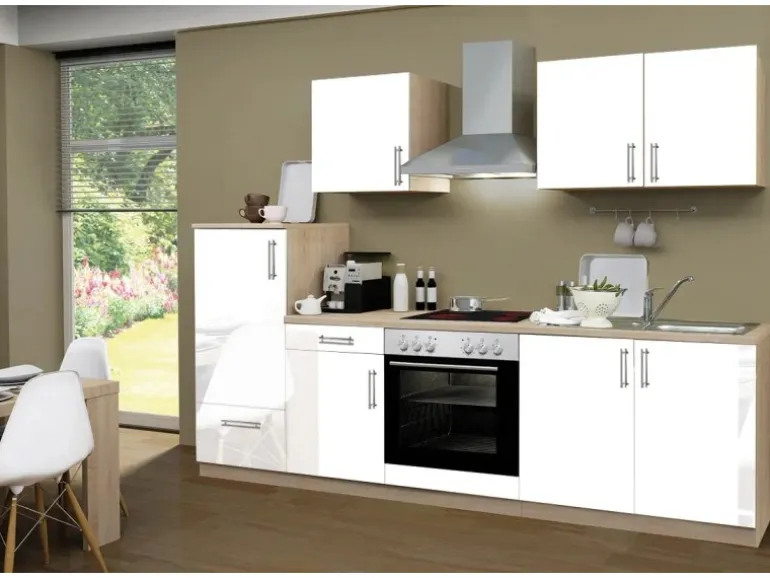 Menke Küchenzeile Premium 270 cm Weiß Hochglanz-Sonoma Eiche Nachbildung