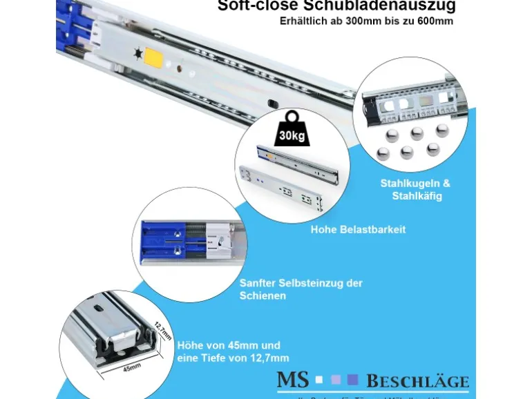MS Beschläge Schubladenauszug 1 Paar SoftClose 550 mm 30 KG Schiene