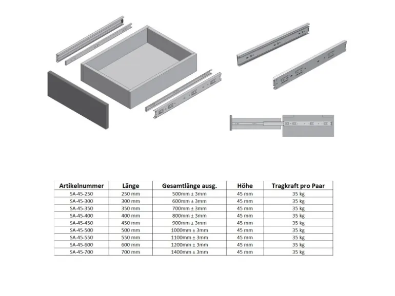 MS Beschläge Schubladenauszug Vollauszug Verzinkt 300 mm Höhe 45 mm