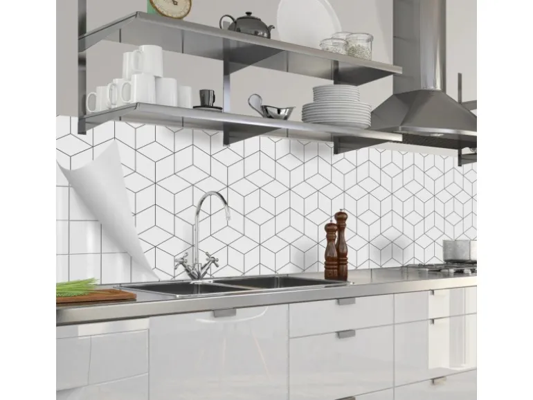 Myspotti Küchenrückwandfolie Hexagon Selbstklebend 280 cm x 60 cm Weiß