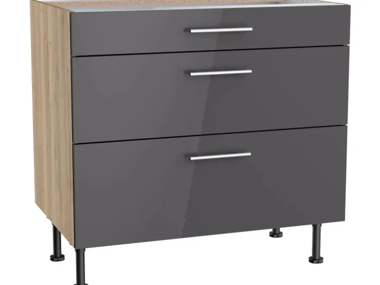 Optifit Küchen-Unterschrank mit 3 Auszügen Jonte984 90 cm Anthrazit-Wildeiche