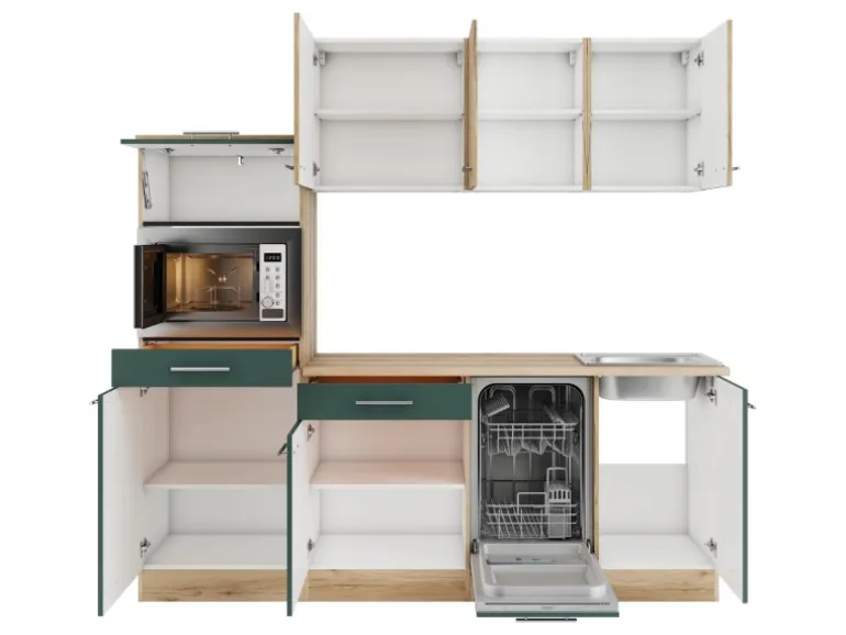 Optifit Küchenzeile KPLS 2181-9+ Liv.290/Sav.405 Wildeiche Nb./Steingrün 210cm