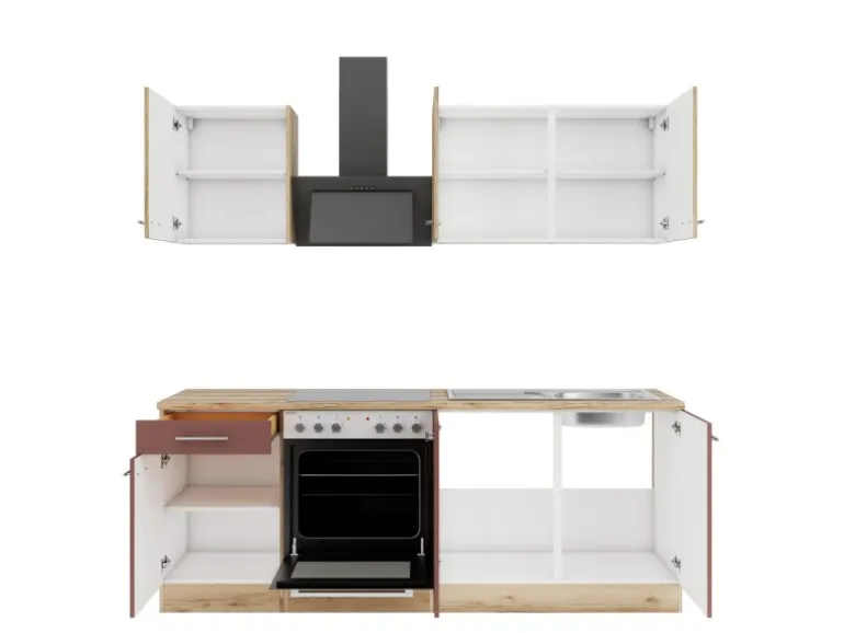 OPTIFIT Livorno290/Bari407 Küchenzeile 210 cm Wildeiche Nachbildung / Rostrot