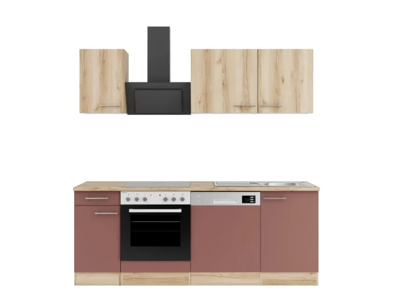OPTIFIT Livorno290/Bari407 Küchenzeile 210 cm Wildeiche Nachbildung / Rostrot