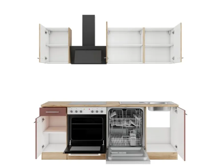 OPTIFIT Livorno290/Bari407 Küchenzeile 210 cm Wildeiche Nachbildung / Rostrot