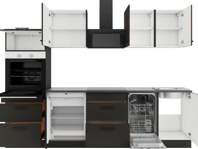 OPTIFIT Rimini409/Madrid420 Küchenzeile 270 cm Rillendekor Nussbaum/ Anthrazit