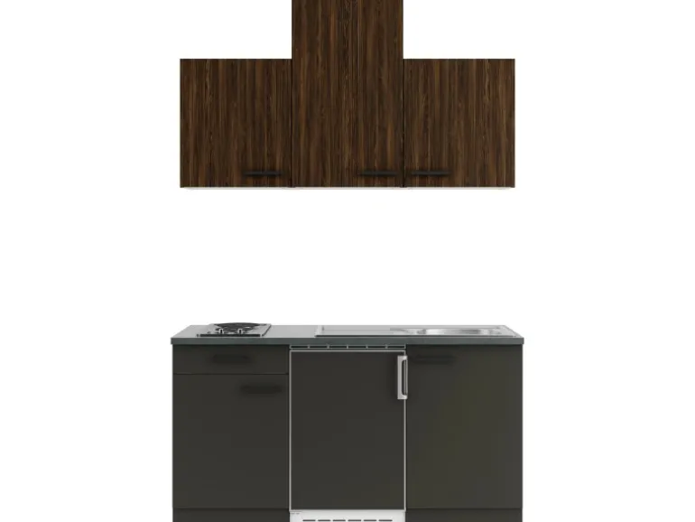 OPTIFIT Rimini409/Madrid420 Miniküche 150 cm Rillendekor Nussbaum/ Anthrazit