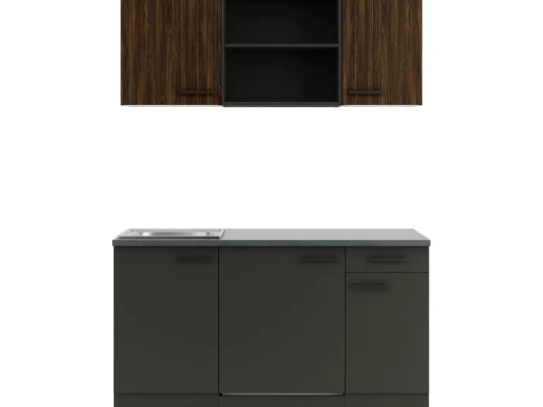 OPTIFIT Rimini409/Madrid420 Miniküche 150 cm Rillendekor Nussbaum/ Anthrazit