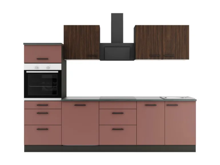 OPTIFIT Rimini409/Nizza407 Küchenzeile 270 cm Rilllendekor Nussbaum / Rostrot
