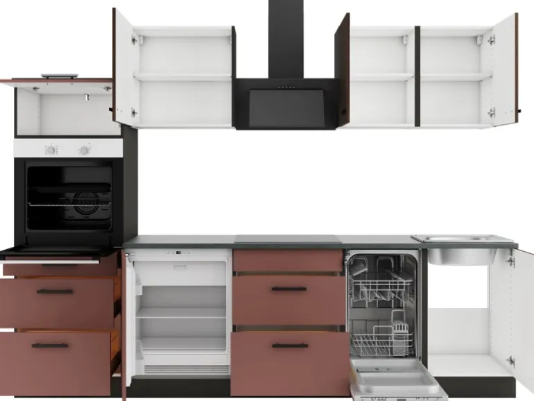 OPTIFIT Rimini409/Nizza407 Küchenzeile 270 cm Rilllendekor Nussbaum / Rostrot