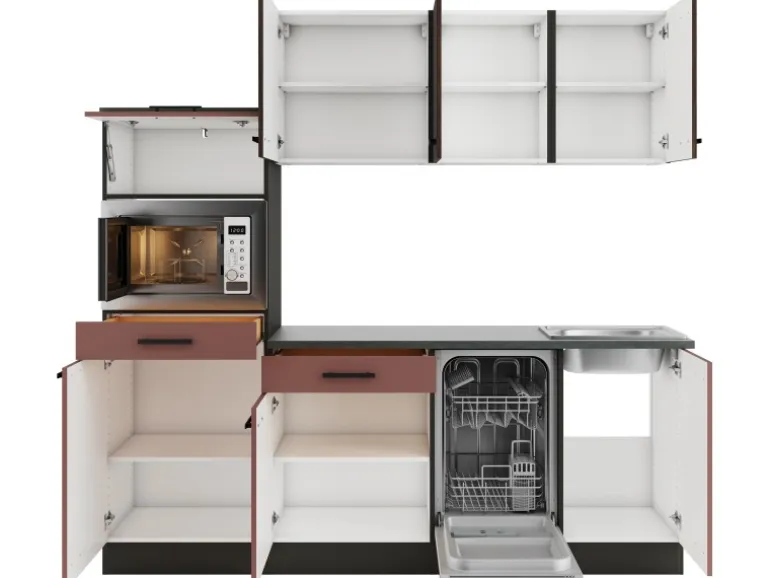 OPTIFIT Rimini409/Nizza407 Küchenzeile 210 cm Rilllendekor Nussbaum / Rostrot
