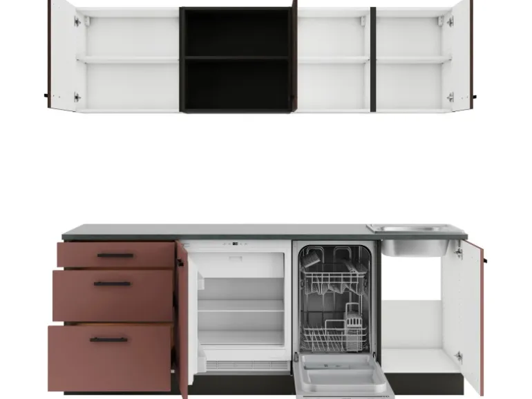 OPTIFIT Rimini409/Nizza407 Küchenzeile 210 cm Rilllendekor Nussbaum / Rostrot