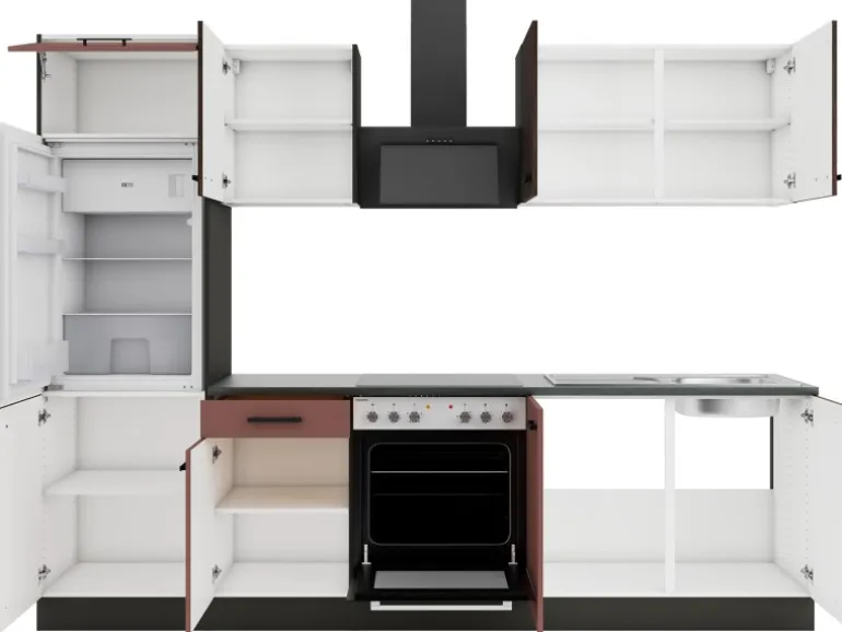 OPTIFIT Rimini409/Nizza407 Küchenzeile 270 cm Rilllendekor Nussbaum / Rostrot