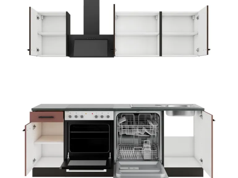 OPTIFIT Rimini409/Nizza407 Küchenzeile 210 cm Rilllendekor Nussbaum / Rostrot