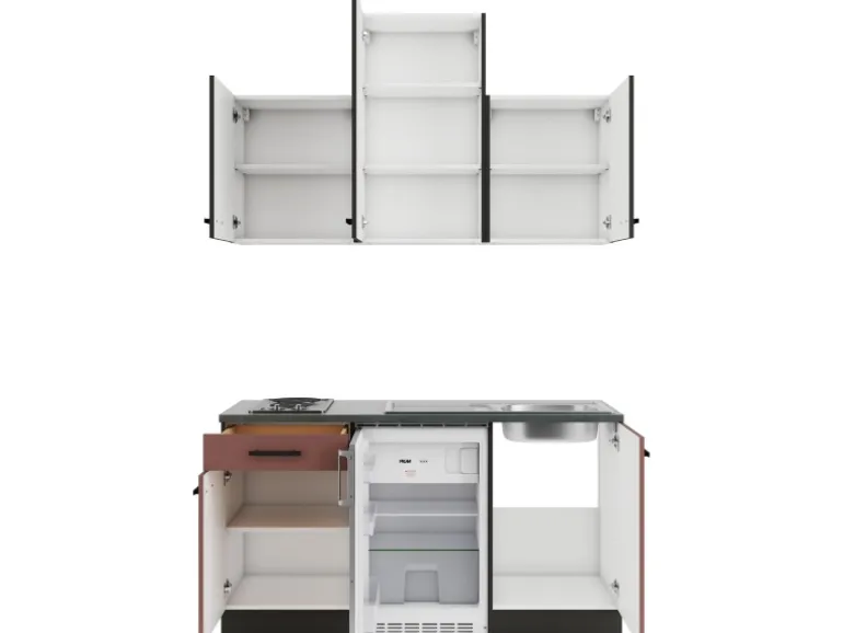 OPTIFIT Rimini409/Nizza407 Miniküche 150 cm Rilllendekor Nussbaum / Rostrot