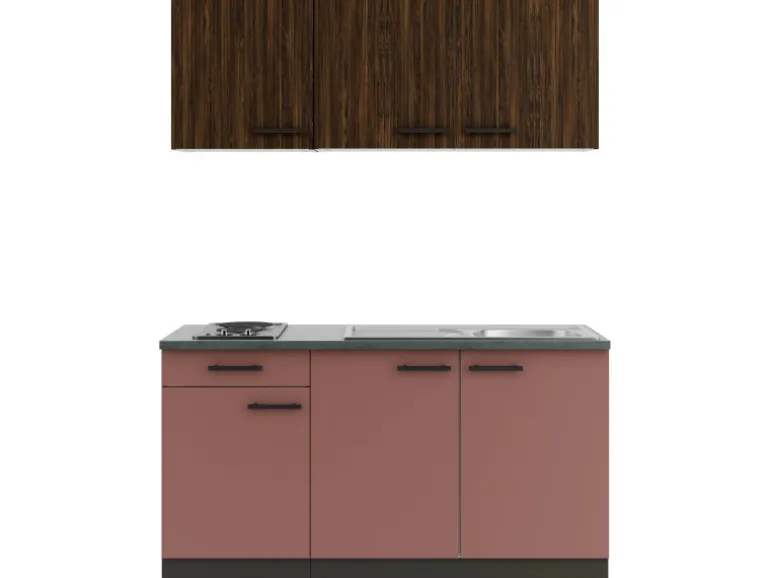 OPTIFIT Rimini409/Nizza407 Miniküche 150 cm Rilllendekor Nussbaum / Rostrot