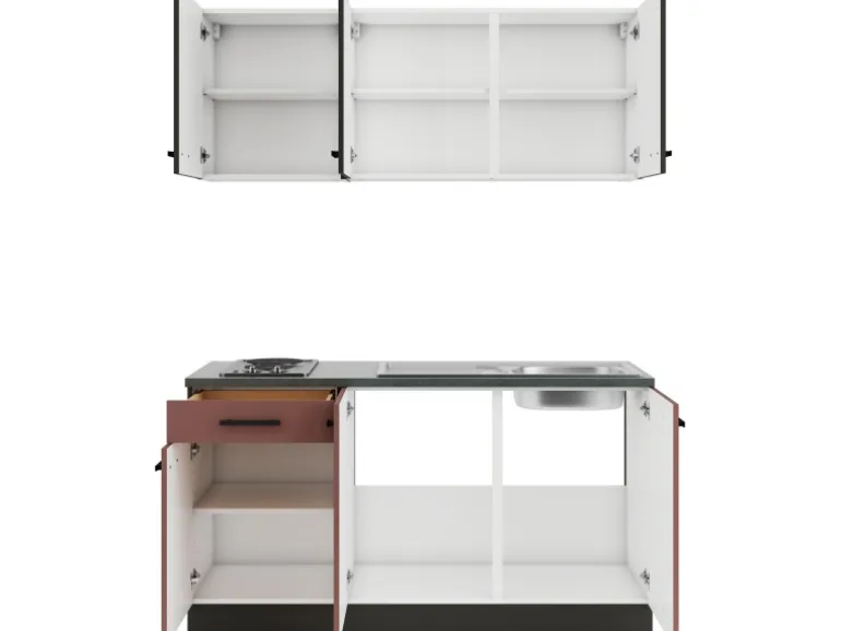 OPTIFIT Rimini409/Nizza407 Miniküche 150 cm Rilllendekor Nussbaum / Rostrot