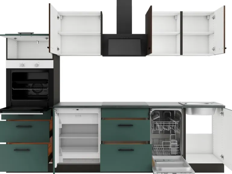 OPTIFIT Rimini409/Verona405 Küchenzeile 270 cm Rillendekor Nussbaum / Steingrün