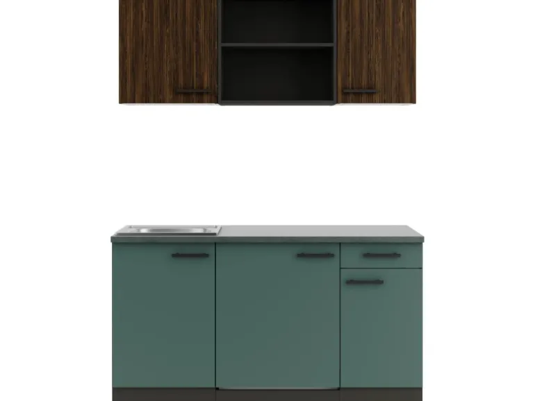OPTIFIT Rimini409/Verona405 Miniküche 150 cm Rillendekor Nussbaum / Steingrün