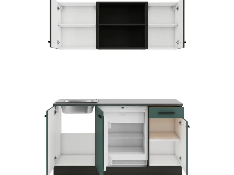 OPTIFIT Rimini409/Verona405 Miniküche 150 cm Rillendekor Nussbaum / Steingrün