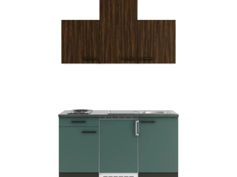 OPTIFIT Rimini409/Verona405 Miniküche 150 cm Rillendekor Nussbaum / Steingrün