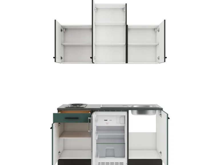 OPTIFIT Rimini409/Verona405 Miniküche 150 cm Rillendekor Nussbaum / Steingrün