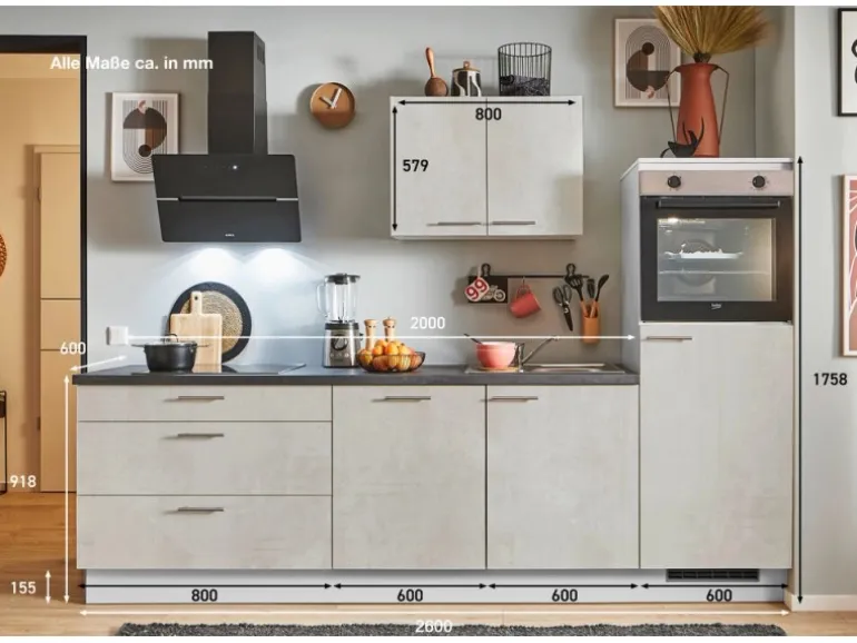 pino Küchenzeile 260 cm Beton Weißgrau Anschlag rechts 1 Geräteschrank
