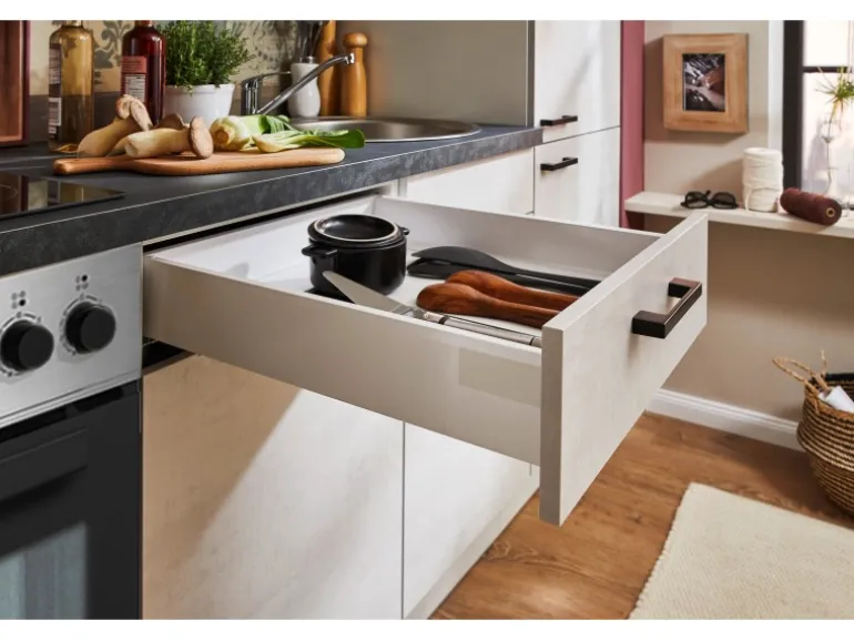 pino Küchenzeile 220 cm Beton Weißgrau Anschlag rechts 1 Geräteschrank