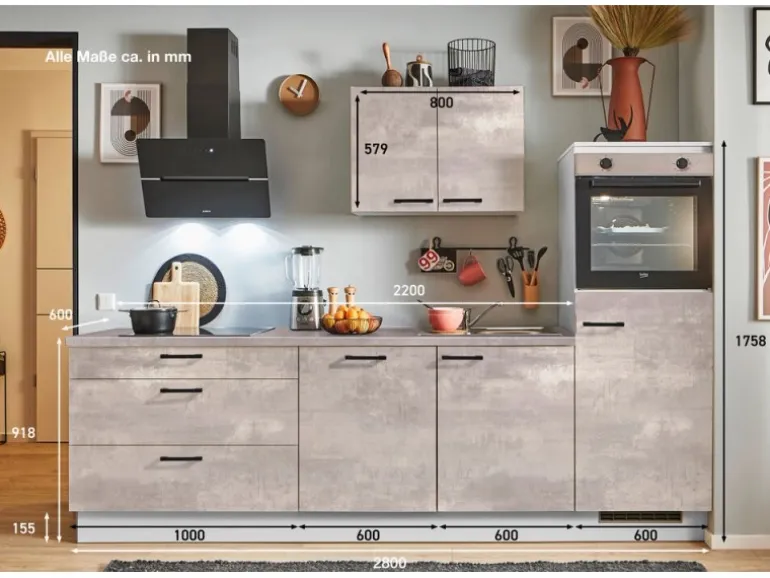 pino Küchenzeile 280 cm Beton Perlgrau Anschlag rechts 1 Geräteschrank