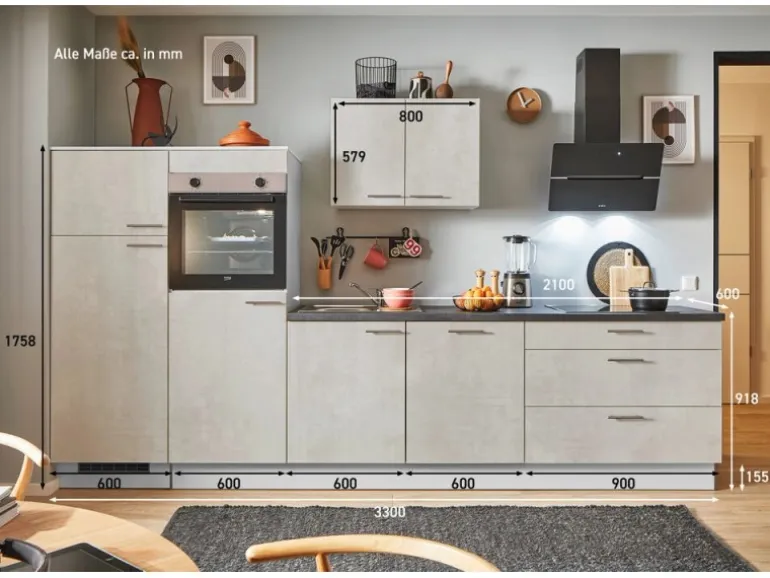 pino Küchenzeile 330 cm Beton Weißgrau Anschlag links 2 Geräteschränke