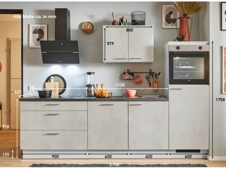 pino Küchenzeile 270 cm Beton Weißgrau Anschlag rechts 1 Geräteschrank