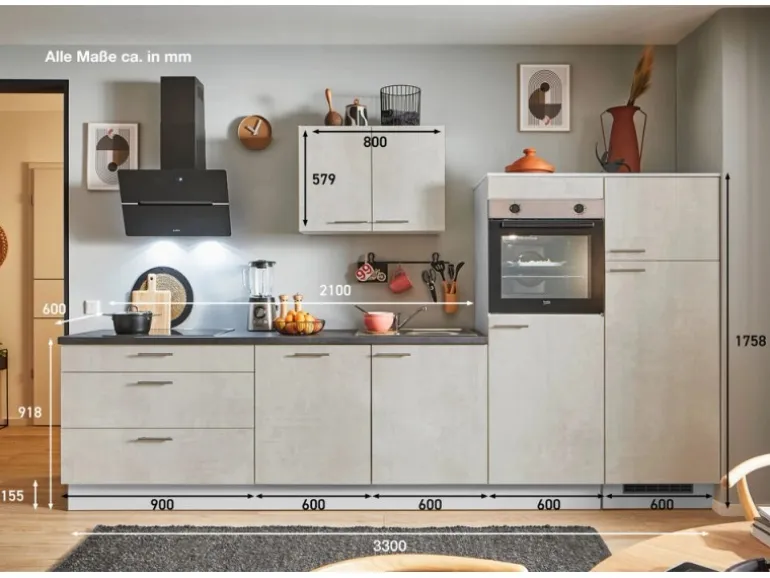 pino Küchenzeile 330 cm Beton Weißgrau Anschlag rechts 2 Geräteschränke