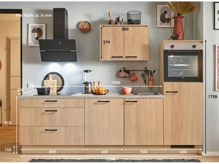 pino Küchenzeile 250 cm Eiche Aviva Anschlag rechts 1 Geräteschrank