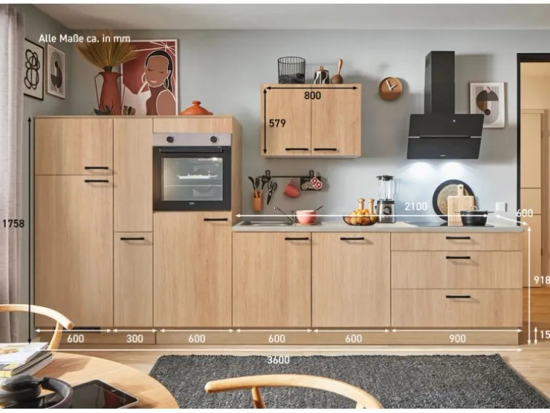 pino Küchenzeile 360 cm Eiche Aviva Anschlag links 1 Geräte-, 1 Apothekerschrank