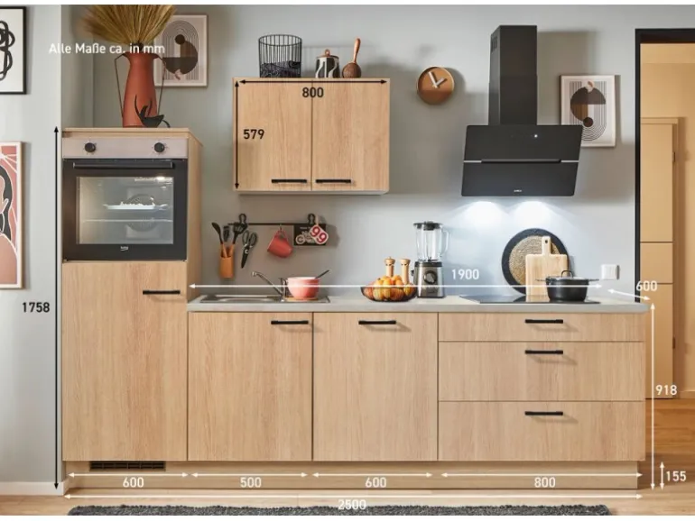 pino Küchenzeile 250 cm Eiche Aviva Anschlag links 1 Geräteschrank