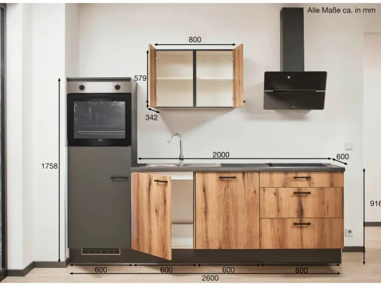 pino Küchenzeile 260 cm Evoke Eiche Anschlag links 1 Geräteschrank Grafit
