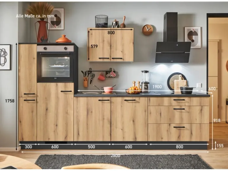 pino Küchenzeile 280 cm Evoke Eiche Anschlag links 1 Geräte-. 1 Seitenschrank