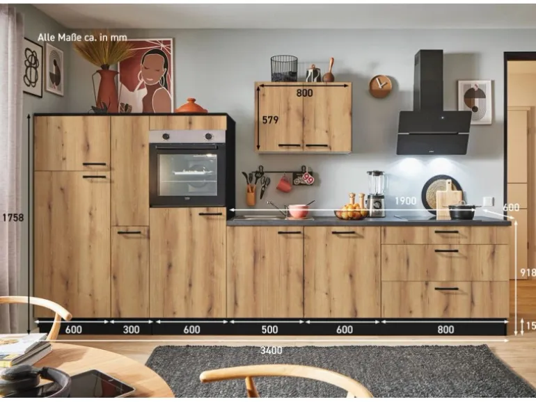 pino Küchenzeile 340 cm Evoke Eiche Anschlag links 1 Geräte-, 1 Apothekerschrank