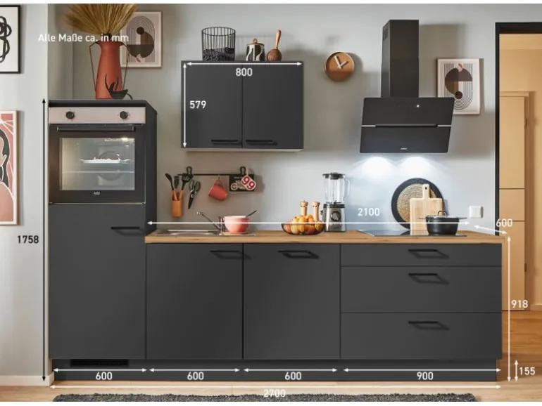 pino Küchenzeile 270 cm Grafit Anschlag links 1 Geräteschrank