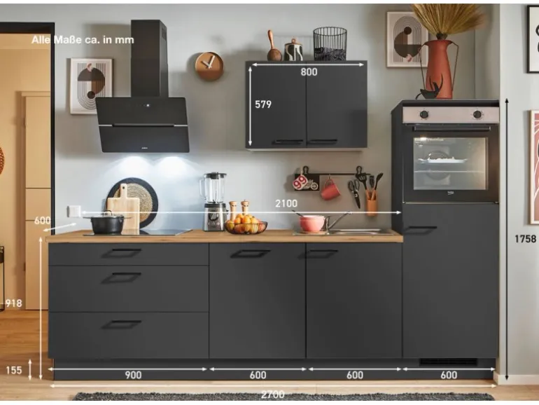 pino Küchenzeile 270 cm Grafit Anschlag rechts 1 Geräteschrank