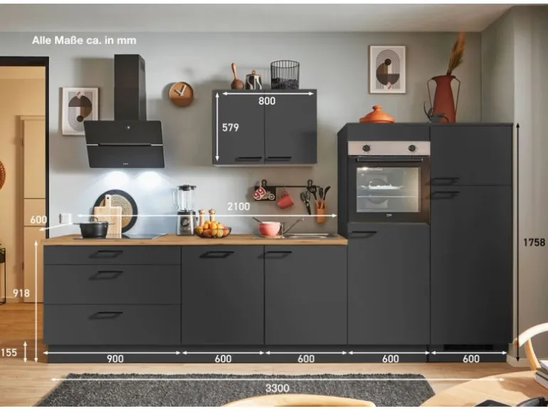 pino Küchenzeile 330 cm Grafit Anschlag rechts 2 Geräteschränke