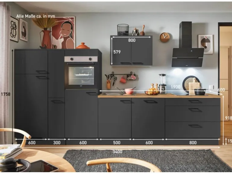 pino Küchenzeile 340 cm Grafit Anschlag links 1 Geräte-, 1 Apothekerschrank