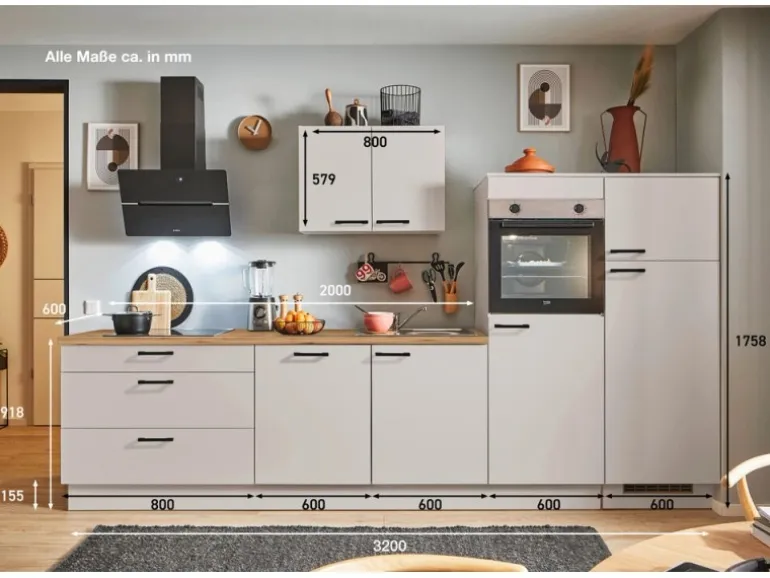 pino Küchenzeile 320 cm Kaschmirgrau Anschlag rechts 2 Geräteschränke