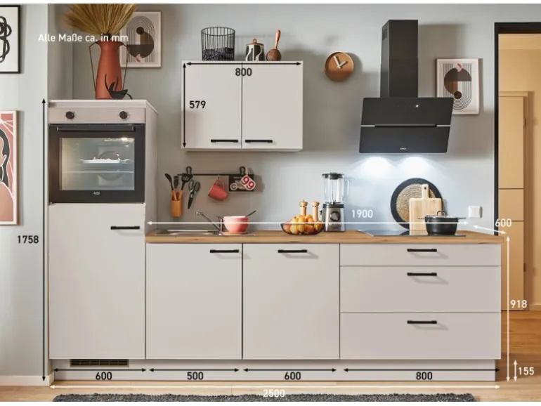 pino Küchenzeile 250 cm Kaschmirgrau Anschlag links 1 Geräteschrank